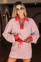 Striped Collared V Neck Drop Shoulder Pullover and Skort 2pcs Outfit