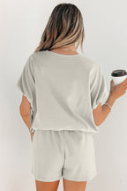 Solid Colour Puffy Loose Top Drawstring Shorts 2pcs Outfit