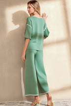 Contrast Trim Half Sleeve Top Drawstring Pants Loose 2pcs Sweater Suit