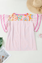 Rose Plus Size Geometric Print Contrast Trim Striped V Neck Blouse
