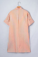 Brown Stripe Pinched V Neck Turn-up Cuffs Shift Mini Dress