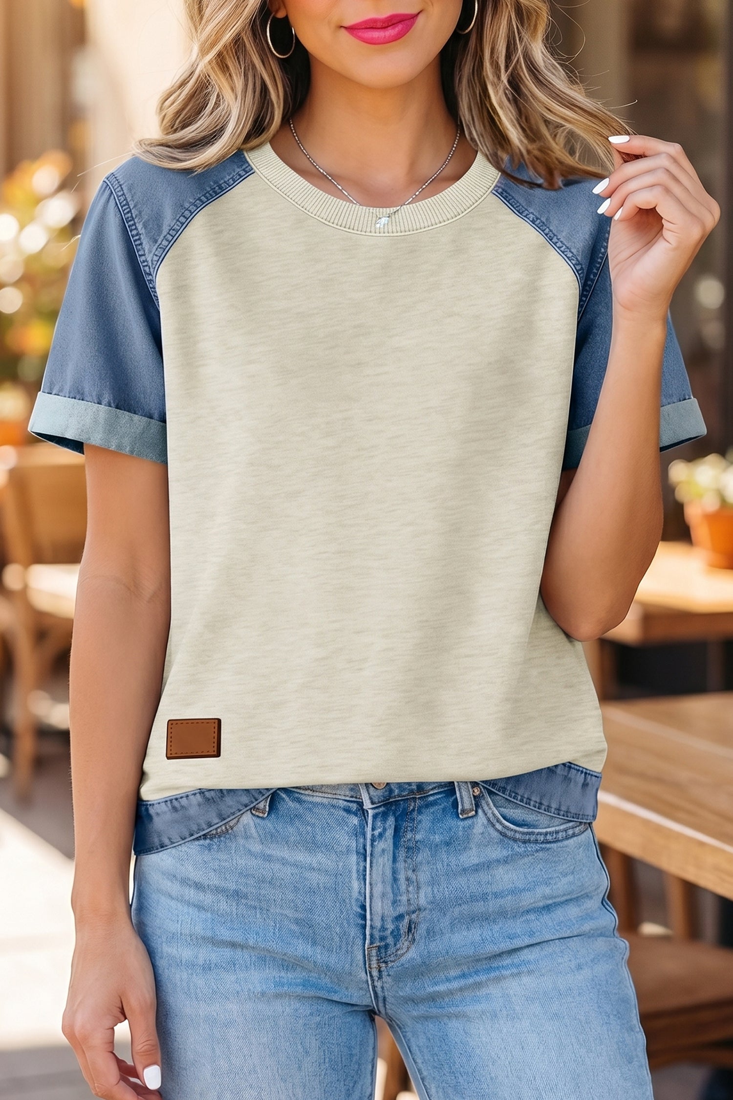Denim Colour Block Patchwork Round Neck Tee