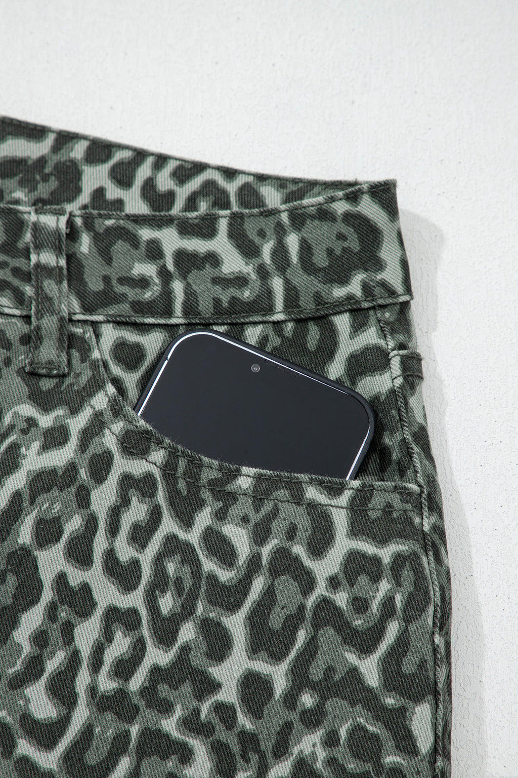 Grey Leopard Frayed Edge Wide Leg High Waist Jeans