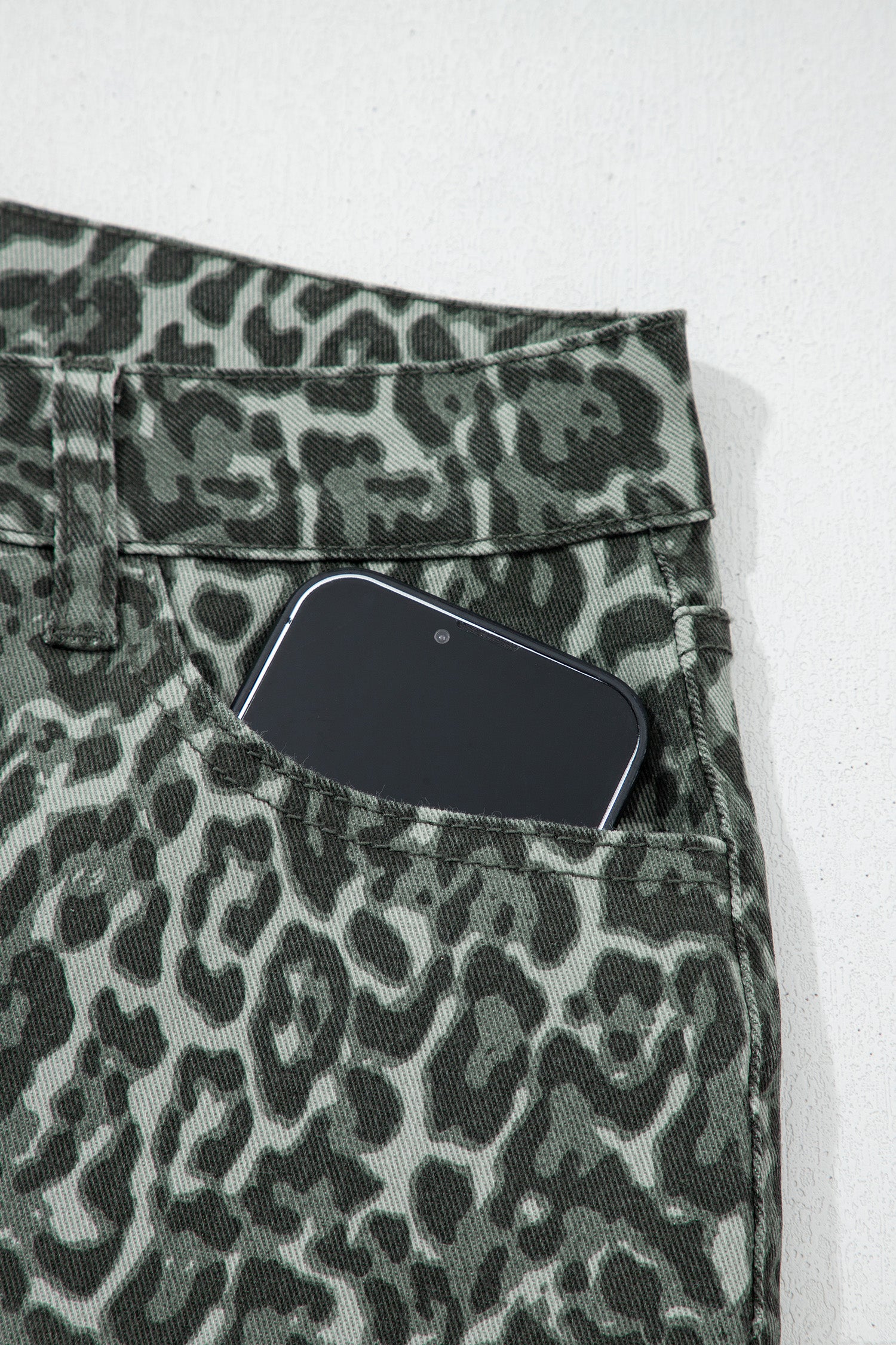 Grey Leopard Frayed Edge Wide Leg High Waist Jeans