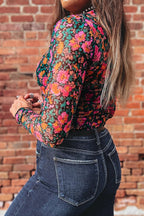 Slim Fit Floral Mesh Long Sleeve Mock Neck Top