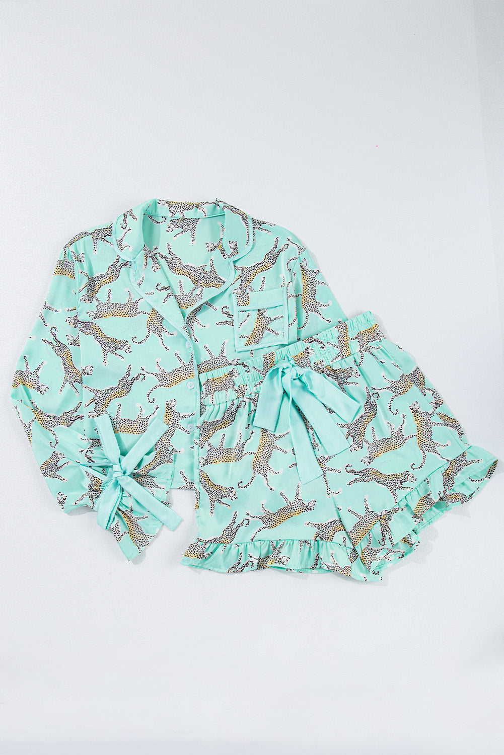 Green Leopard Satin Ruffle Pyjama Short Set