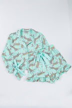Green Leopard Satin Ruffle Pyjama Short Set
