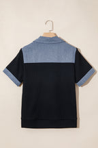 Black Waffle Knit Denim Color Block Patchwork Button Flap Polo Top
