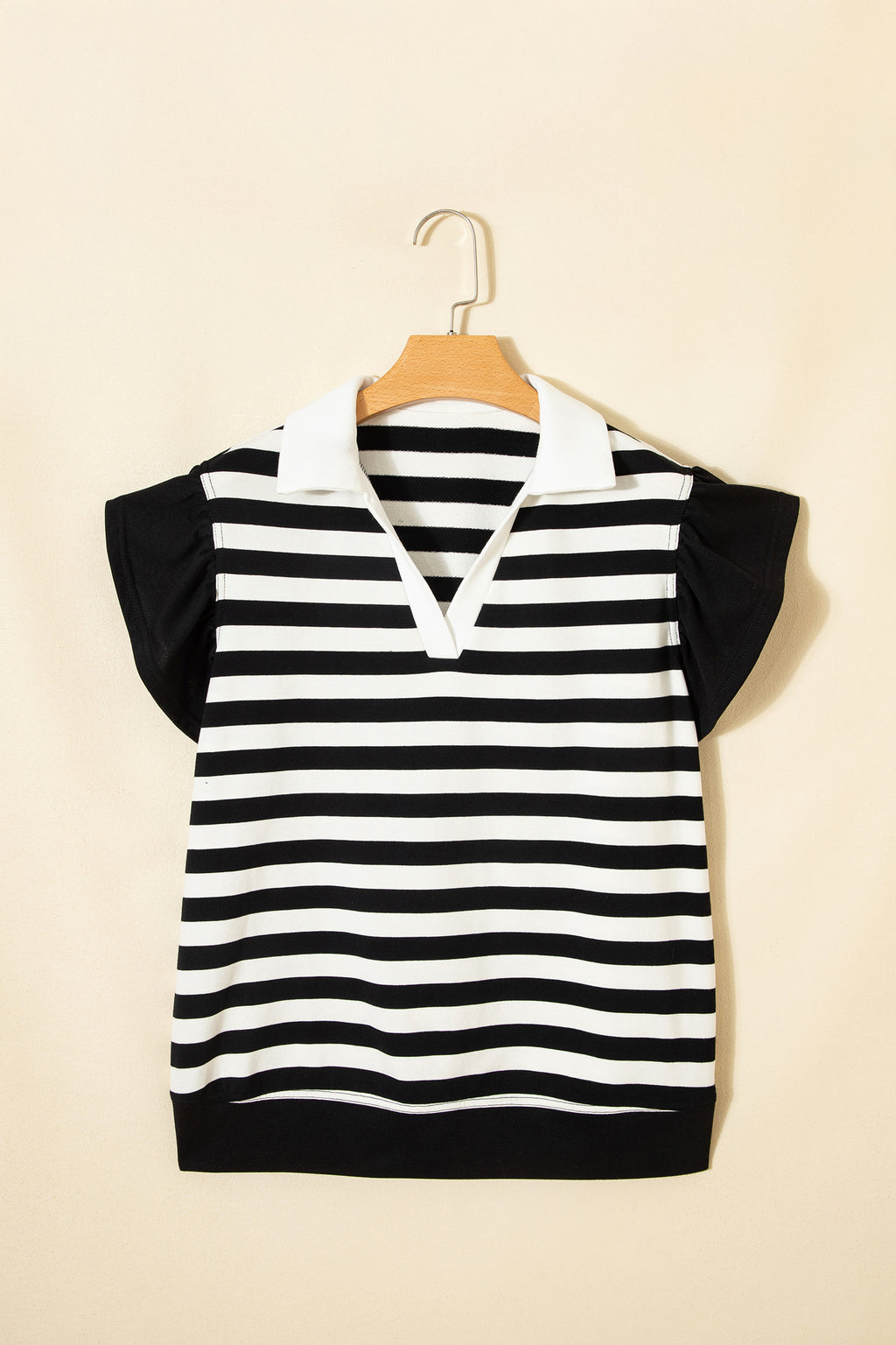Striped Collar V Neck Ruffled Short Sleeve Blouse