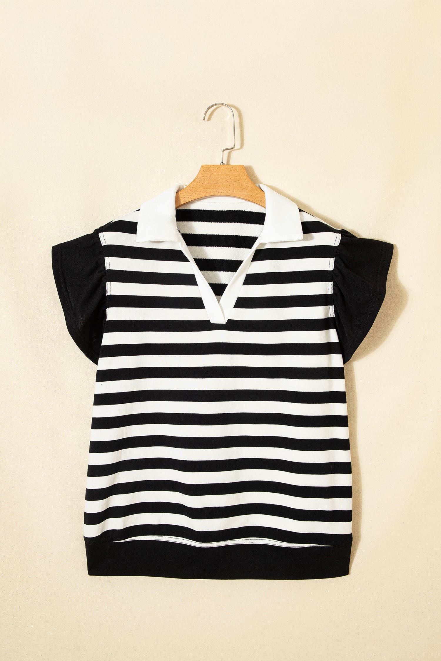 Striped Collar V Neck Ruffled Short Sleeve Blouse