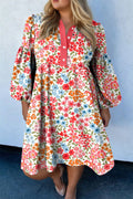 Plus Size Button V Neck Leopard Print Puff Sleeve Loose Mini Dress
