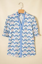 Sky Blue Floral Print Flounced Short Sleeve Contrast Trim V Neck Blouse