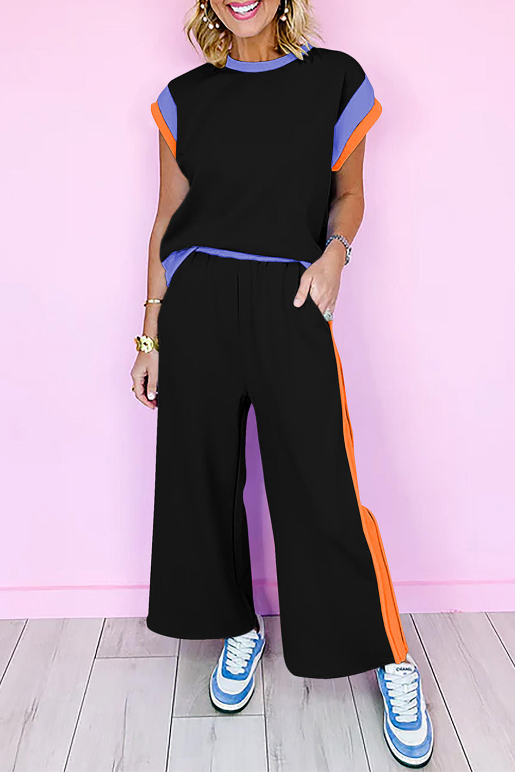 Colour Block Detail Casual Two-piece Set