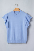 Solid Color Ribbed Trim Round Neck Ruffle Short Sleeve Sweater