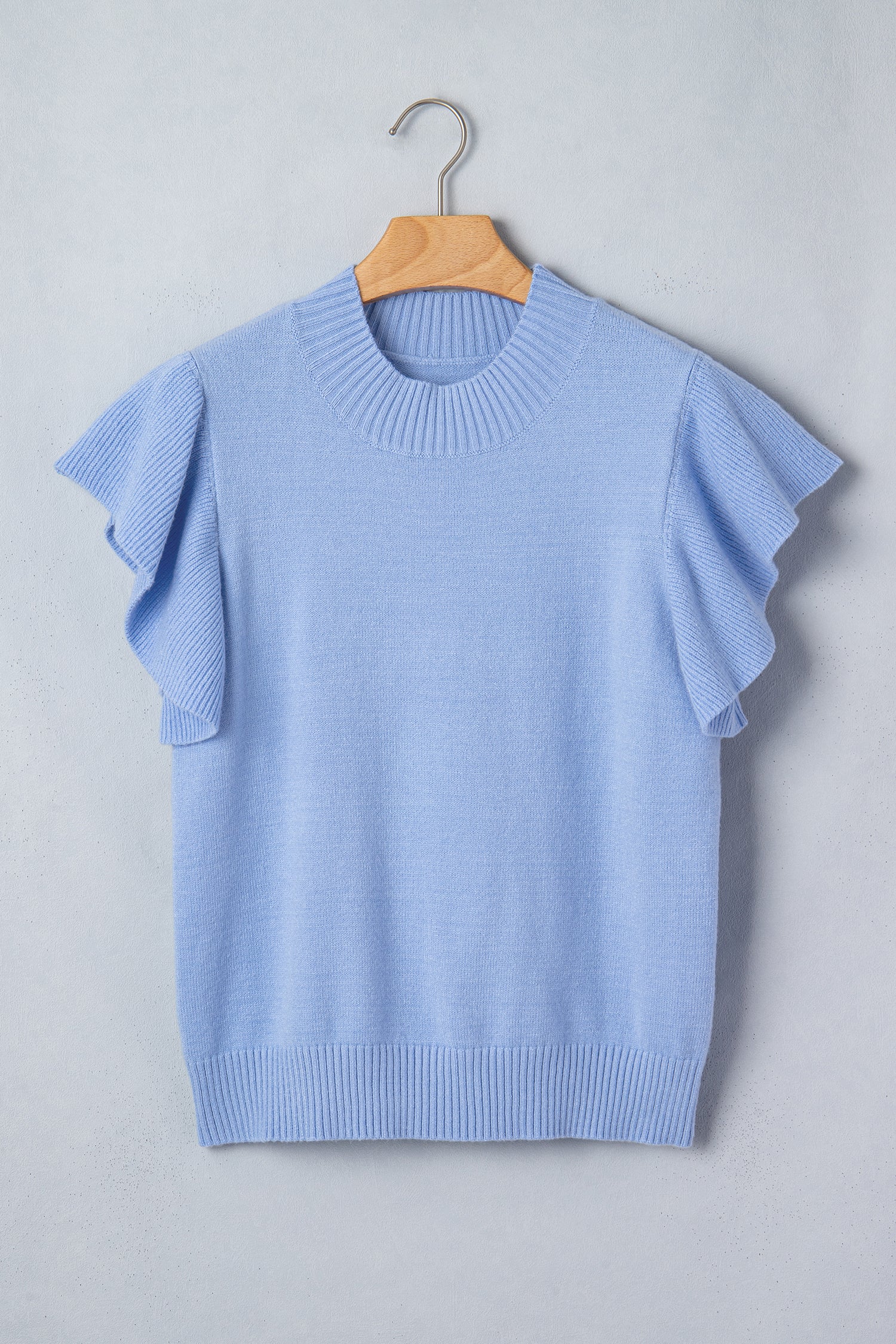 Solid Color Ribbed Trim Round Neck Ruffle Short Sleeve Sweater