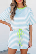 Striped Contrast Neck Loose Tee and Drawstring Shorts Set