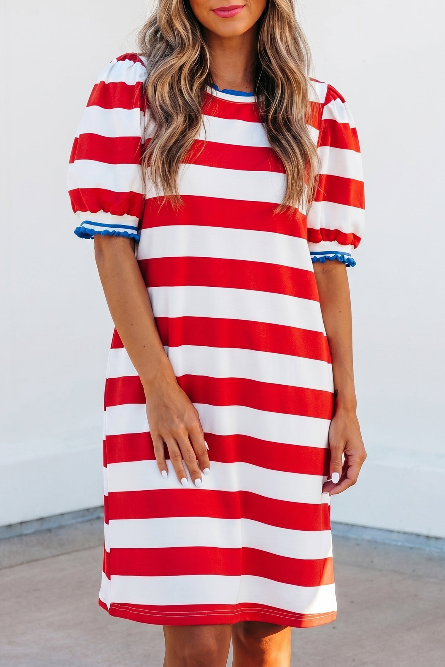 Striped Contrast Trim Round Neck Short Puff Sleeve Shift Mini Dress