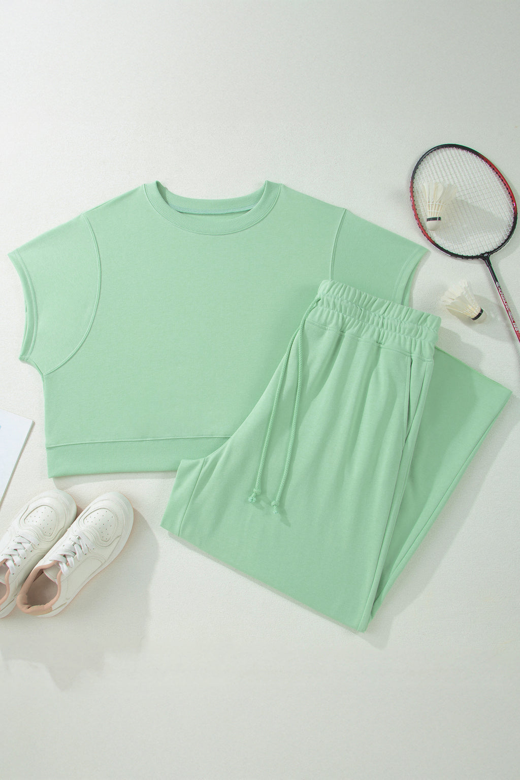 Solid Colour Ribbed Trim Short Sleeve Top Drawstring Loose Pants 2pcs Outfit