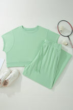 Solid Colour Ribbed Trim Short Sleeve Top Drawstring Loose Pants 2pcs Outfit