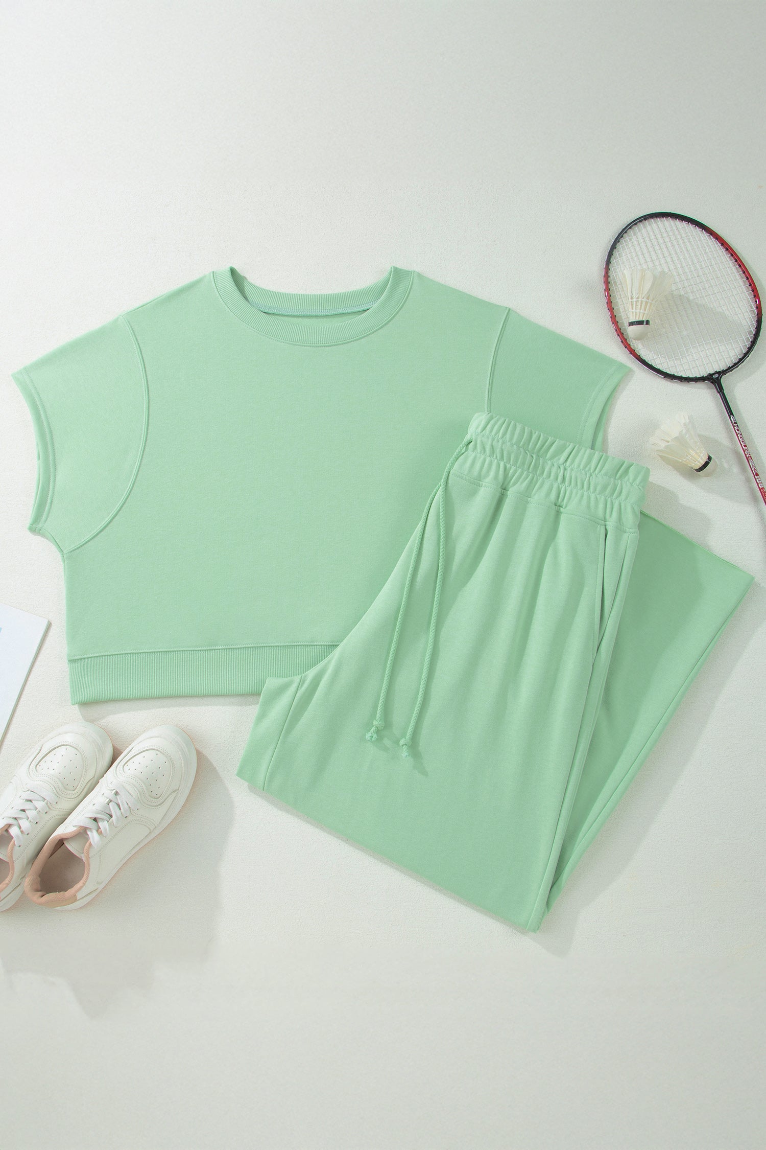 Solid Colour Ribbed Trim Short Sleeve Top Drawstring Loose Pants 2pcs Outfit