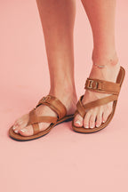 Chestnut Cross Toe Metal Buckle Leathered Flat Sandals