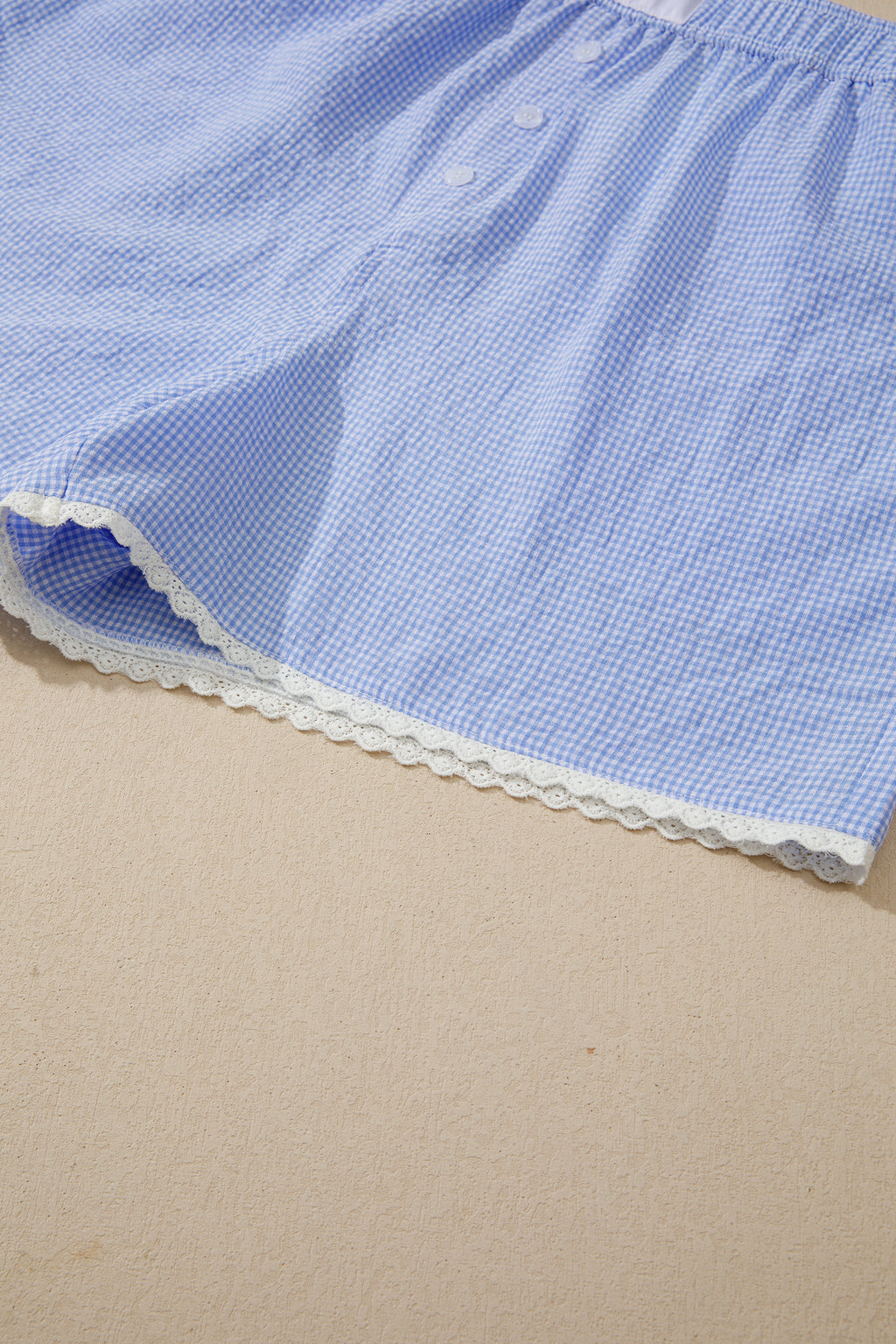 Sky Blue Gingham Plaid Button Detail Lace Trim Boxer Shorts