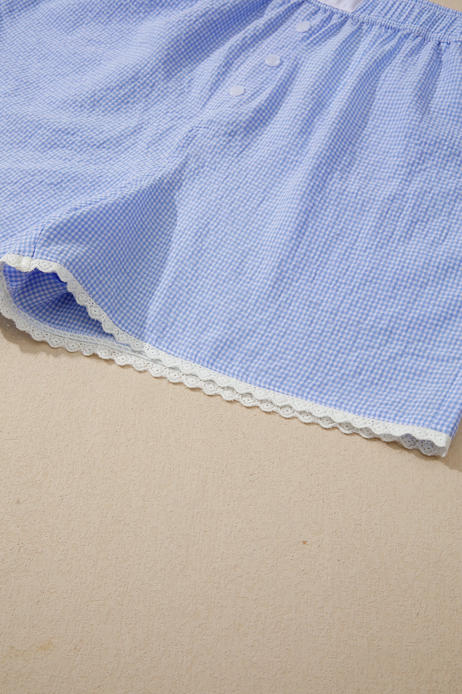 Sky Blue Gingham Plaid Button Detail Lace Trim Boxer Shorts