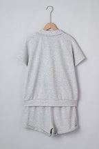 Light Grey Collared V Neck Tee Drawstring Elastic Waist Shorts 2pcs Outfit