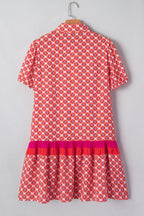 Orange Geometric Floral Print Color Block Trim Button Front Ruffle Hem Dress