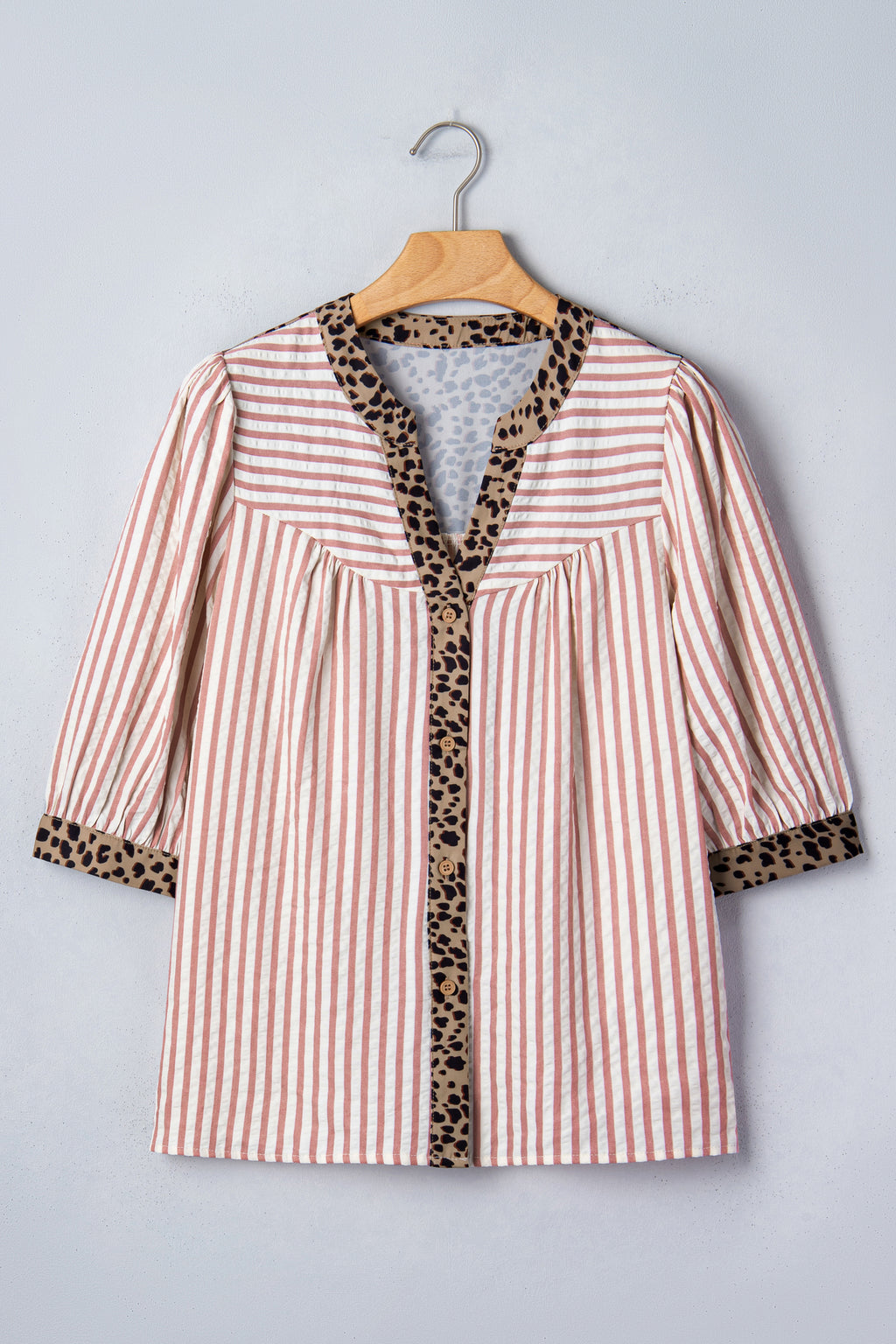 Leopard Trim V Neck Button Down Half Sleeve Shirt