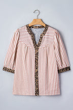 Leopard Trim V Neck Button Down Half Sleeve Shirt