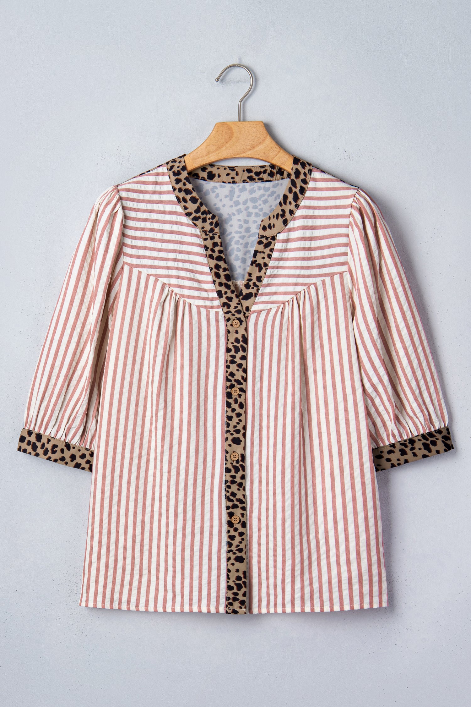 Leopard Trim V Neck Button Down Half Sleeve Shirt