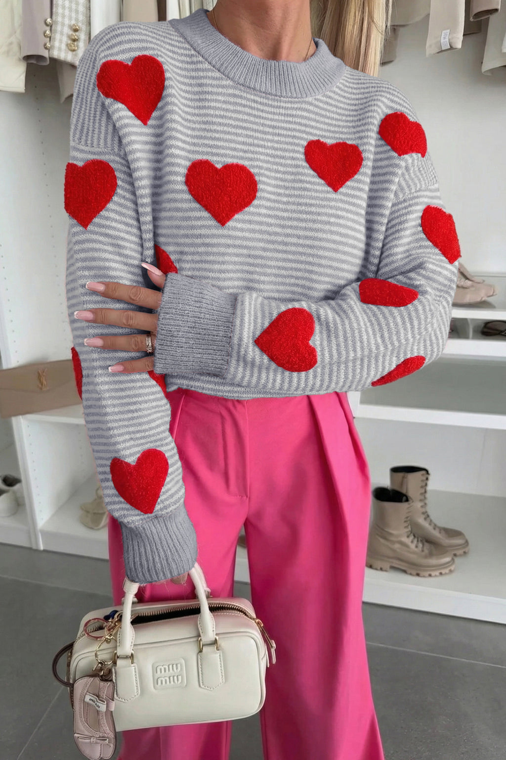Stripe Contrast Heart Pattern Valentine Knit Sweater