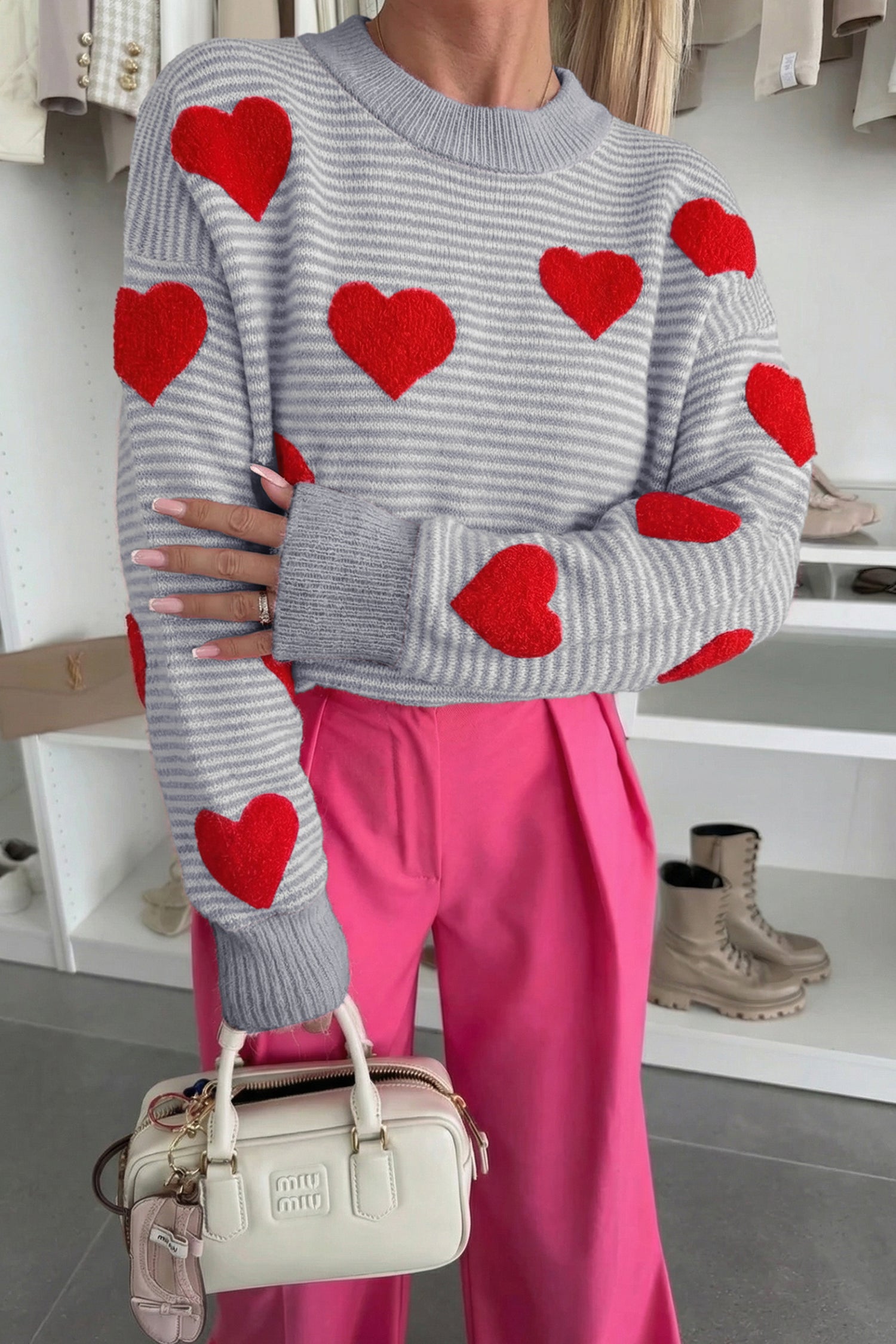 Stripe Contrast Heart Pattern Valentine Knit Sweater
