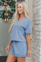 Solid Color Contrast Textured Patchwork Raw Edge 2pcs Short Set