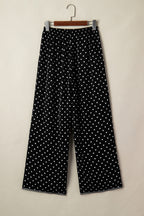 Black Polka Dot Print Elastic Waist Lace Hem Loose Pants