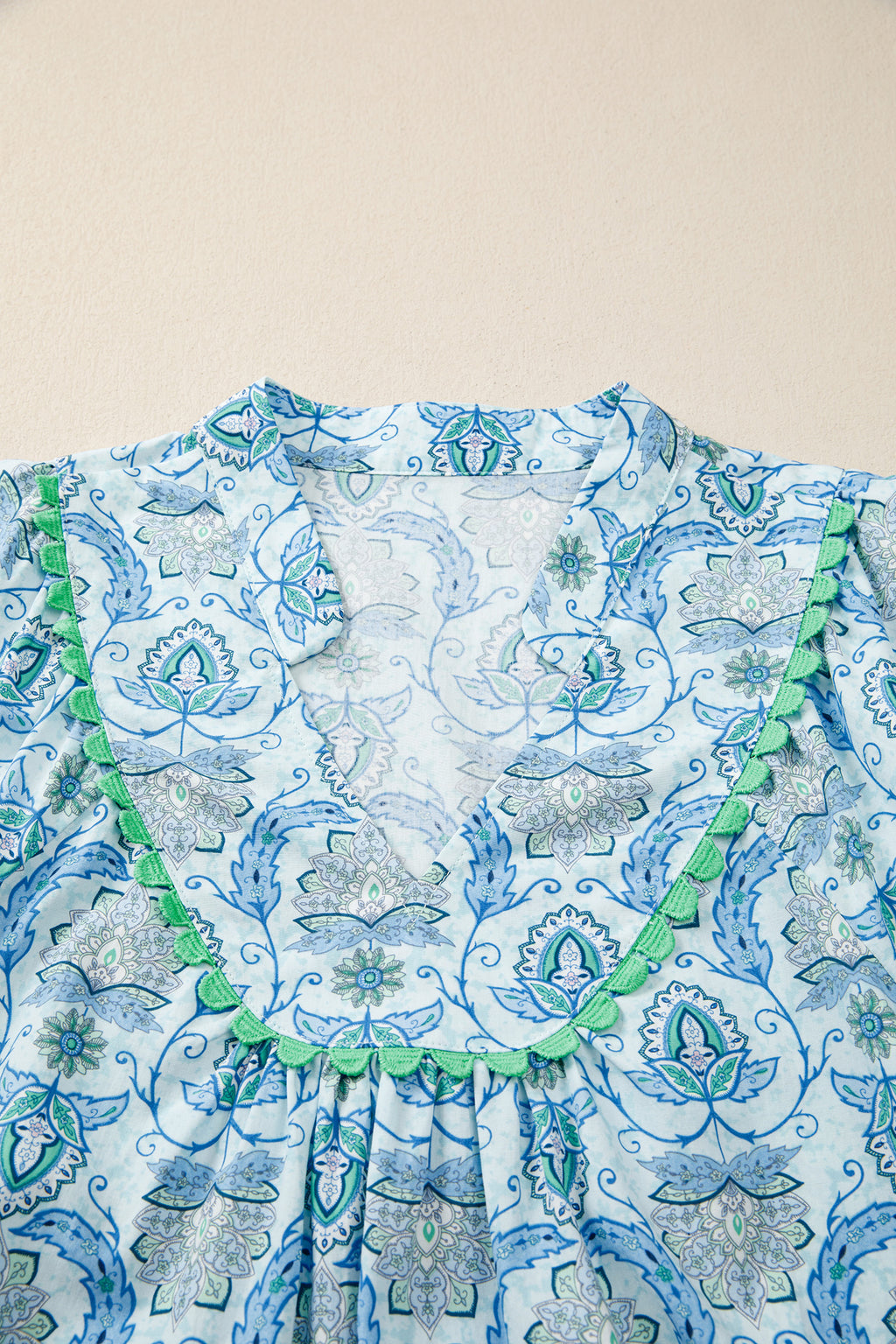 Sky Blue Boho Paisley Print Contrasted Patchwork Detail Bracelet Sleeve Loose Mini Dress