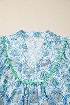 Sky Blue Boho Paisley Print Contrasted Patchwork Detail Bracelet Sleeve Loose Mini Dress