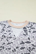 Gray Camouflage Print Twisted Ribbed Patchwork Casual T Shirt
