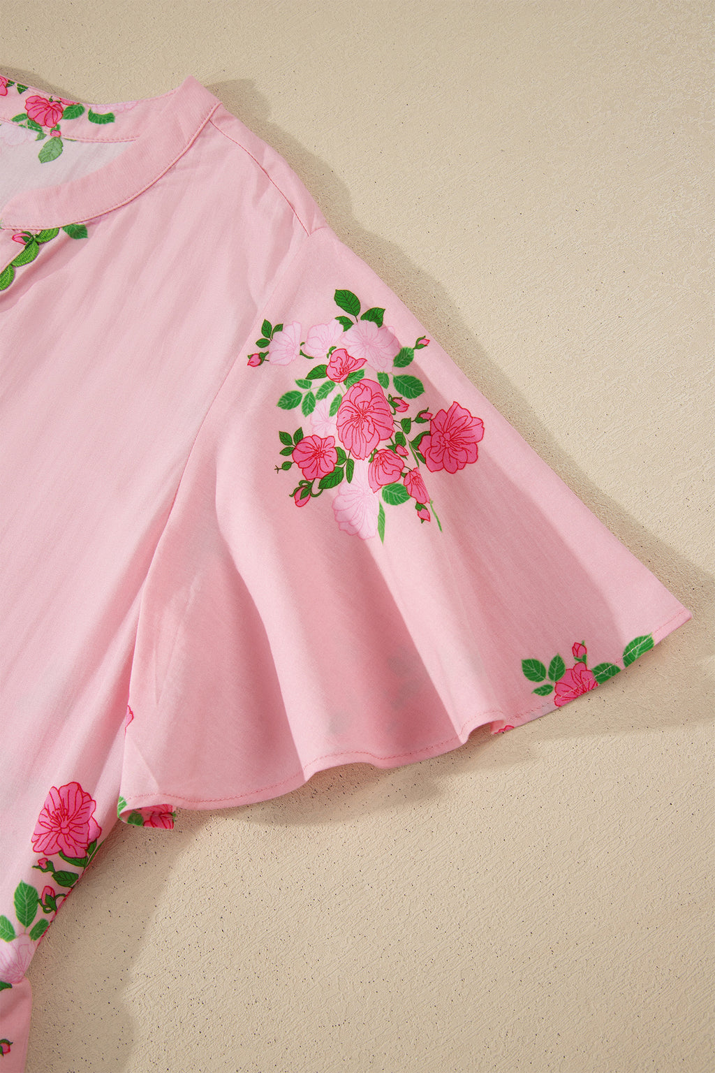 Notched Neck Flutter Short Sleeve Floral Print Maxi Dress
