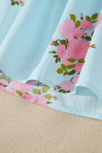 Sky Blue Floral Printed Contrast Ricrac Detail Bubble Sleeve Blouse
