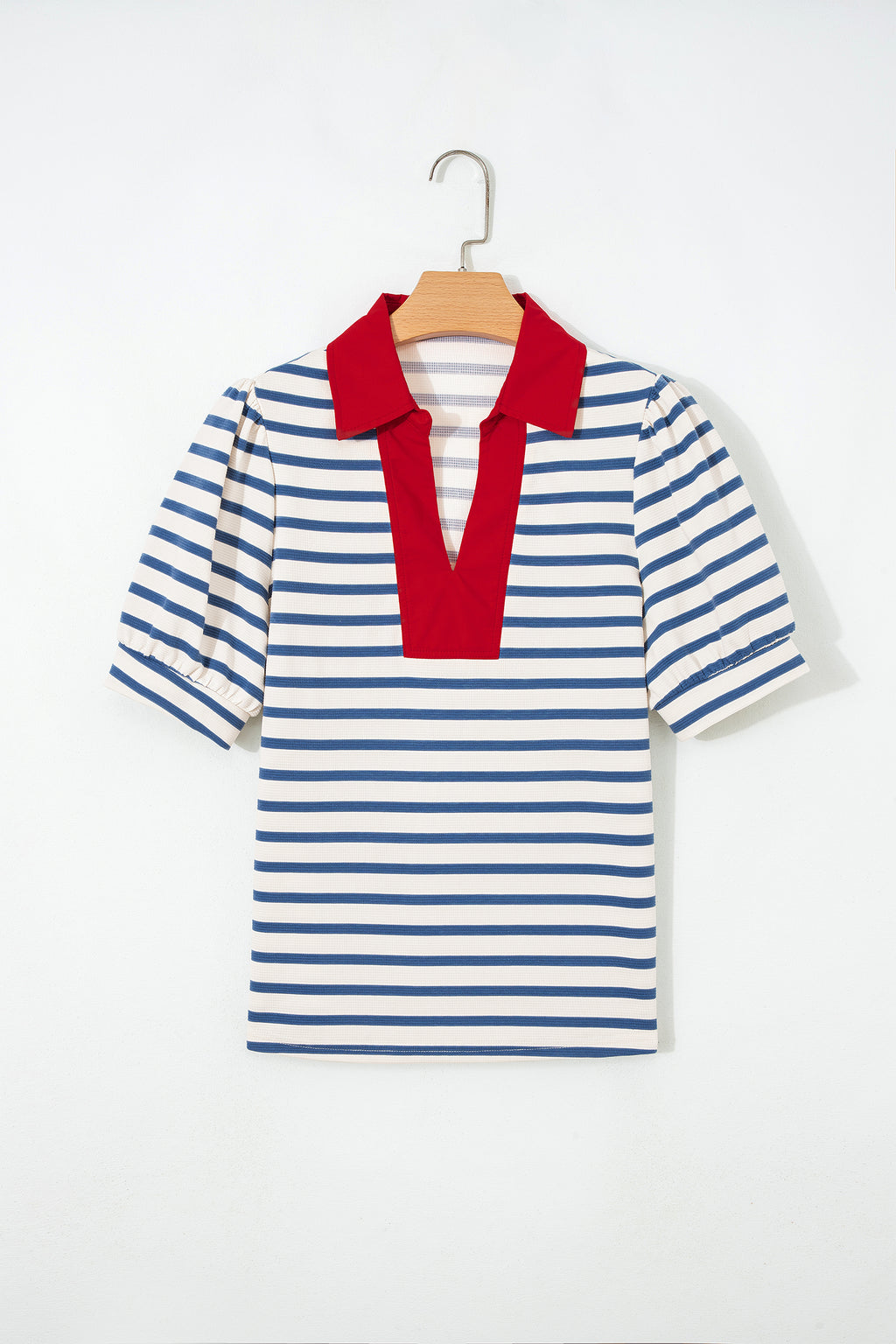 Striped Short Puff Sleeve Colour Block Polo Collar Blouse