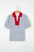 Striped Short Puff Sleeve Colour Block Polo Collar Blouse