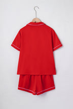 Fiery Red Contrast Trim Ribbon Bow Short Silky 2pcs Pyjama Set