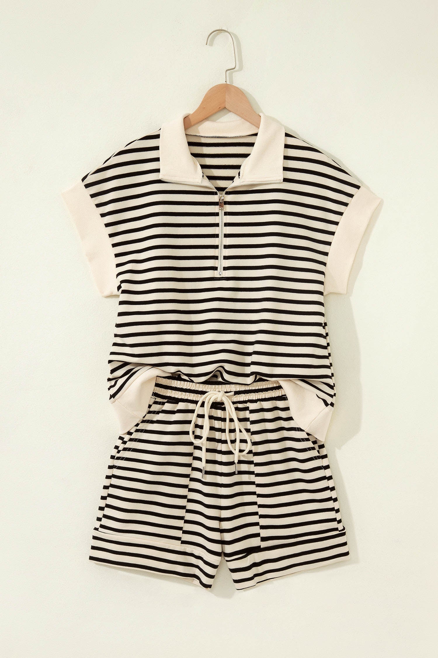 Black Stripe Ribbed Color Block Trim Zip Polo Tee Drawstring Shorts 2pcs Outfit