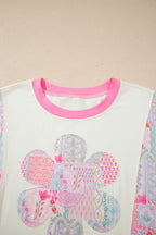 Beige Color Block Floral Patchwork Big Flower Accent Relaxed Top