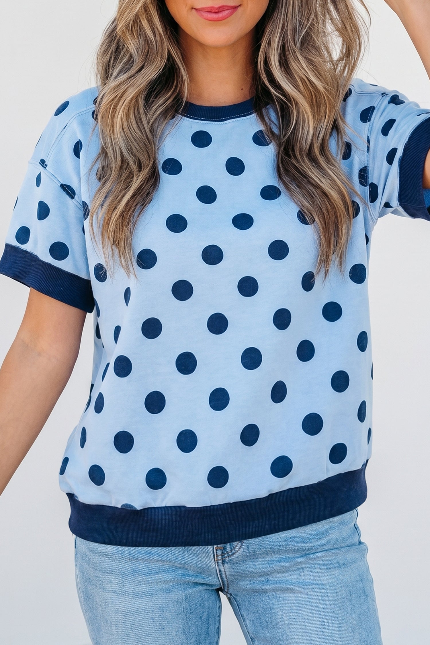 Color Block Trim Polka Dot Casual Tee