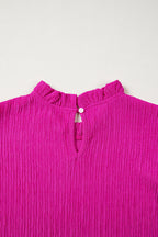 Rose Red Solid Color Textured Ruffle Trim Short Sleeve Blouse