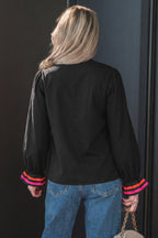 Striped Trim Ruffle Split Neck Long Sleeve Blouse