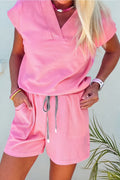 V Neck Short Sleeve Top Drawstring Shorts 2pcs Set
